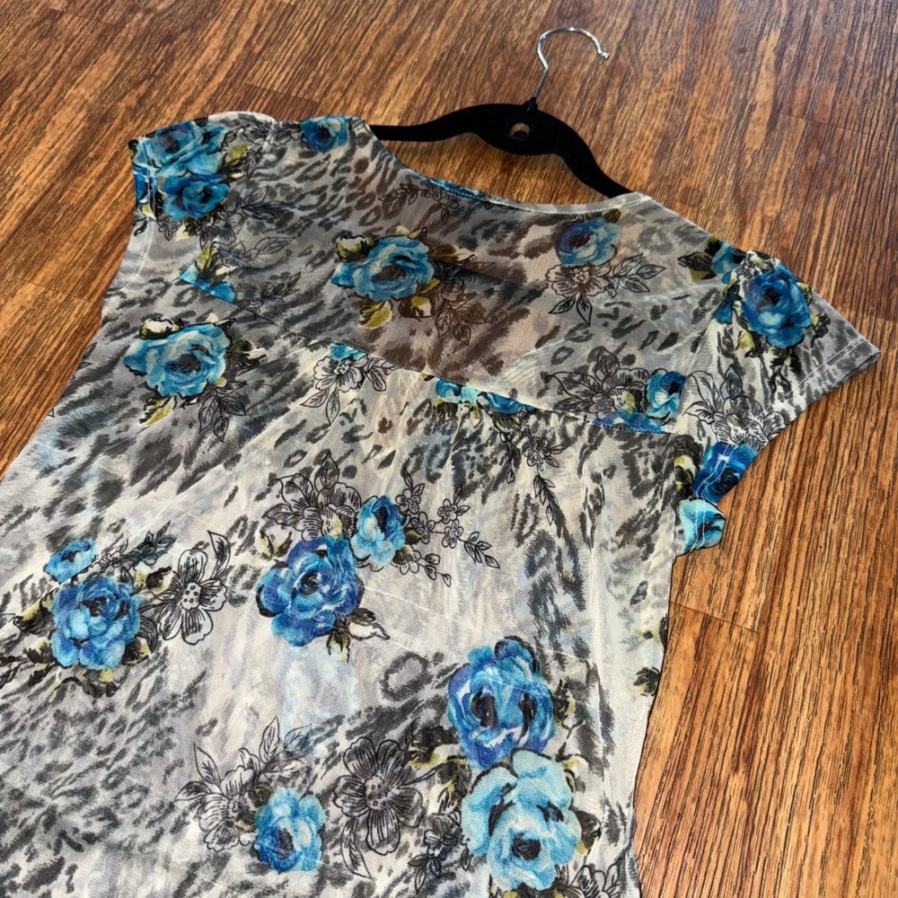 Self Esteem Tunic Top Y2K Sheer Floral Lace Babydoll Blue Gray Medium Fairycore - Picture 6 of 9